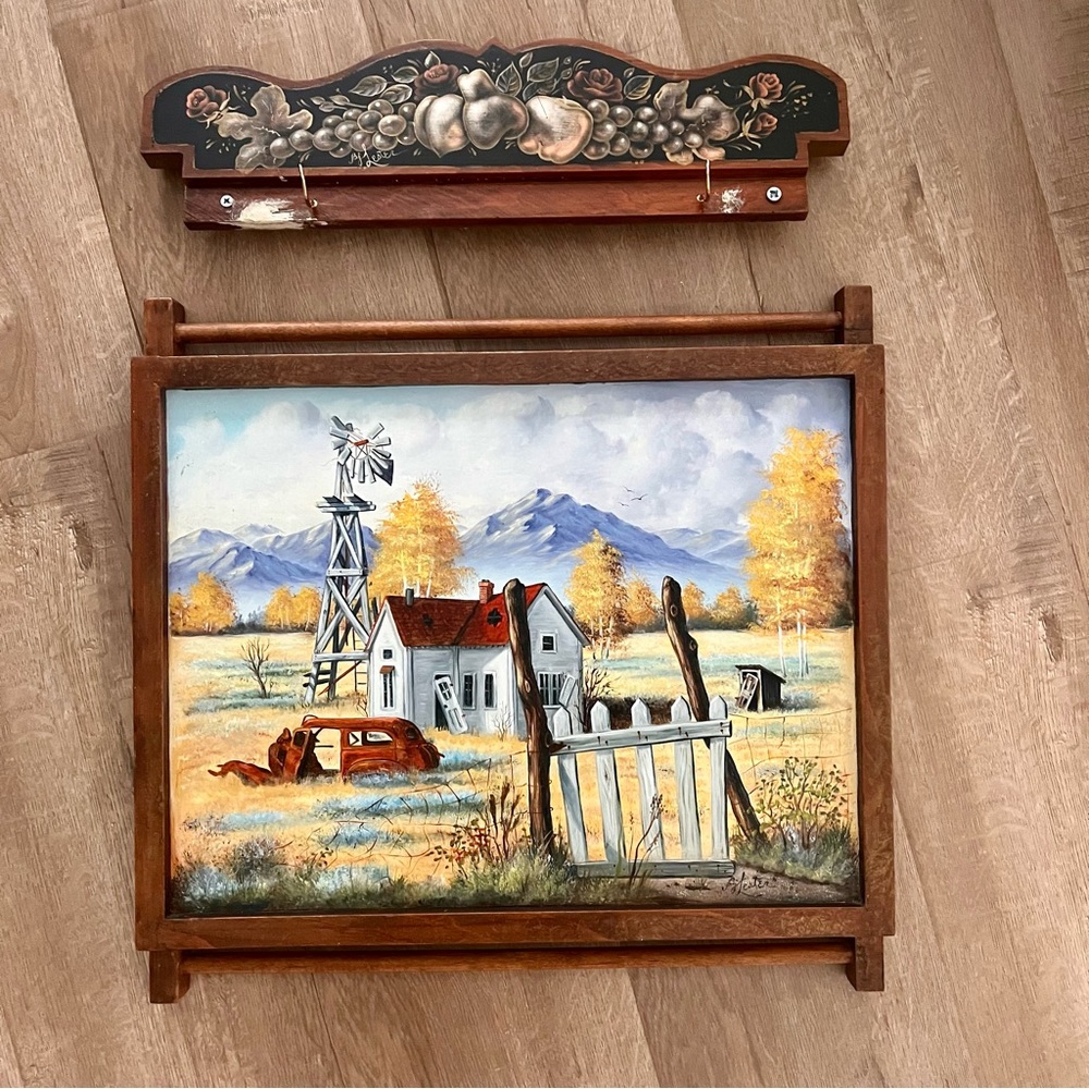 Vintage Oil On Wood‎ Painting With Top Hanger Signed By Bj Lester, Farm In Fall
